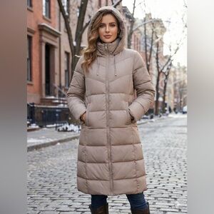 Qinruiyu Long Tan Puffer Coat with Hood Dble Zip Filly Lined Size Small NWT